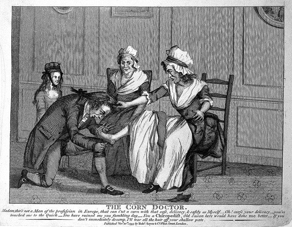 A woman withdrawing her foot in outrage from the care of a corn-cutter who has pretensions to be called a chiropodist. Coloured engraving, 1793.