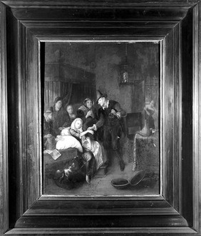 A medical practitioner taking a girl's pulse and holding a flask of her urine, with four other figures on the left and a maid opening a door on the right. Oil painting after Richard Brakenburg.