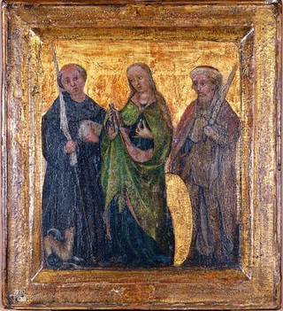 Saint John of Capestrano (?), a woman saint (Saint Apollonia?), and Janos Hunyadi (?). Tempera painting.