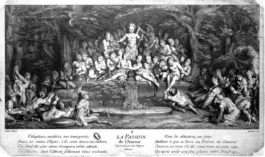 Cupid presides over a group of naked women who sit separated from groups of yearning men; symbolising the passion of love. Etching by J. Audran after C. Gillot.