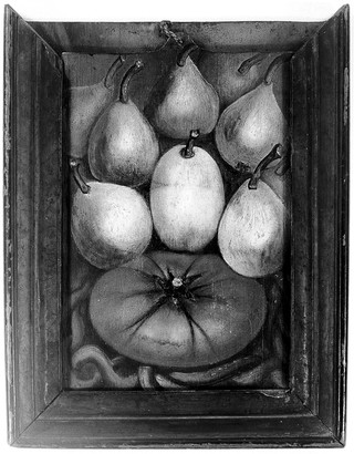 Figs and a tomato. Oil painting by Summonte, 18--.