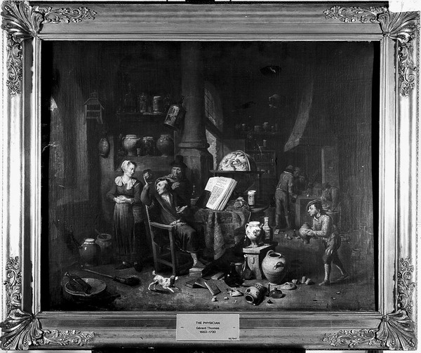 A physician sitting before a table, holding a urine flask, with two women, a boy and several other figures in the room. Oil painting by Gerard Thomas.