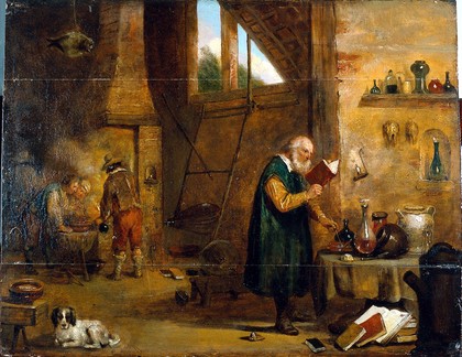 An alchemist in his laboratory. Oil painting by a follower of David Teniers the younger.