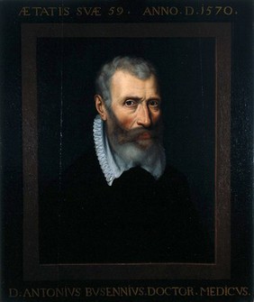 Antonius Busennius, professor of medicine at Louvain 1548-1550, city physician of Antwerp, medical humanist. Oil painting attributed to Adriaen Thomasz. Key.