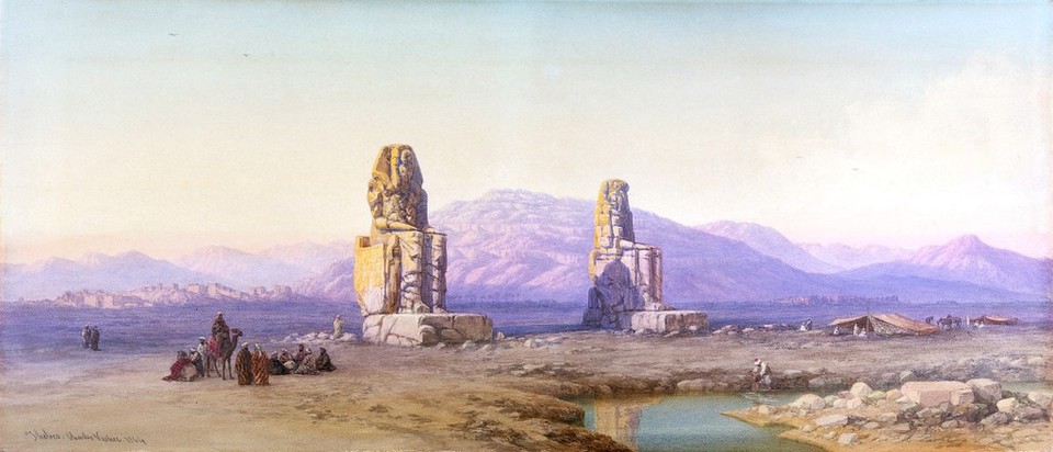 The statues of Memnon (Pharaoh Amenhotep III). Watercolour by Charles Vacher, 1864.