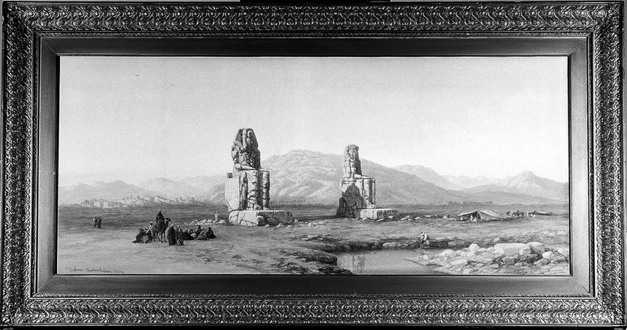 The statues of Memnon (Pharaoh Amenhotep III). Watercolour by Charles Vacher, 1864.