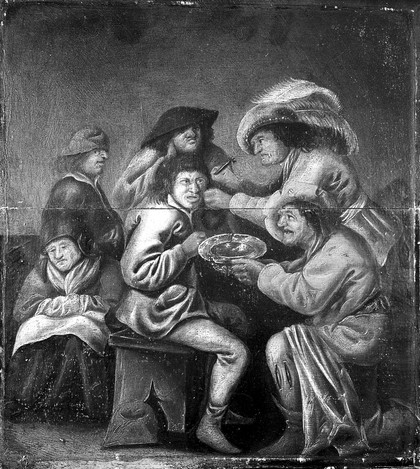 An operator extracting "pierres de tête" from behind a man's ear, with four other people in attendance. Oil painting by a follower of Pieter Jansz. Quast.