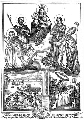 Saint Mary (the Blessed Virgin) with the Christ Child and Saint Gaetano, Saint Roch, Saint Martha, and Saint Januarius with scenes from a cholera epidemic below. Lithograph by F. Apicella, ca. 1884.