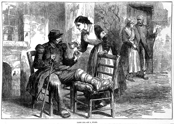 Crimean War: recuperating soldiers being nursed. Wood engraving by L. Huard.