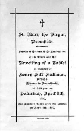 Programme of memorial service for H.H. Hickman, 1930