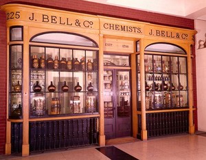 view Reconstruction of J. Bell & Co pharmacy in the Wellcome Building, London.