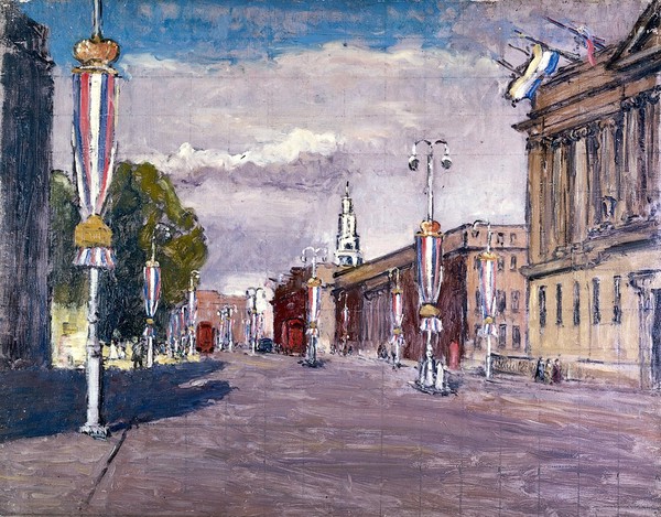 Euston Road, London, from outside Bentley House, showing the Wellcome Building, Friends' House and St Pancras Church with decorations for Coronation Day. Oil painting by Paul A. Lord Methuen RA, 4th Baron, 1953.