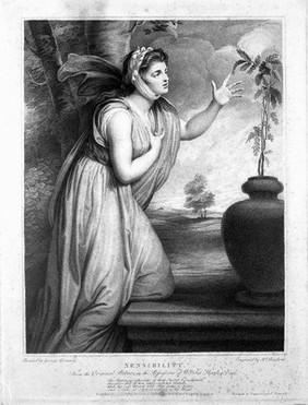 Emma Hamilton in an attitude towards a mimosa plant, causing it to demonstrate sensibility. Stipple engraving by R. Earlom, 1789, after G. Romney.