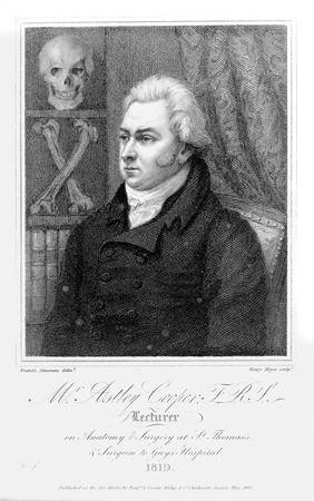 Portrait of Sir Astley Cooper, half length facing left with books, bones and skull in bookshelf behind