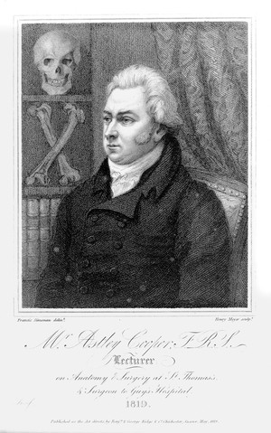 view Portrait of Sir Astley Cooper, half length facing left with books, bones and skull in bookshelf behind