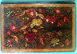 view Qajar Persian lacquer binding , 12th/18th Centuries: lacquer, gold leaf, with various pigments. Front cover