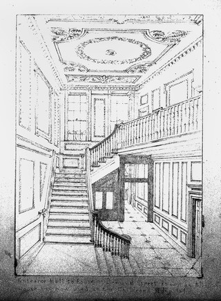 The entrance hall and staircase to 49 Great Ormond Street. Pencil drawing by J. P. Emslie, c.1882.