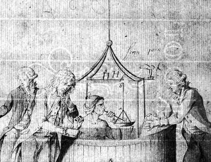 A man seated in a barrel with his head under a glass canopy; he breathes and his pulse is taken; Lavoisier dictates to his wife who is writing a report. Drawing attributed to M.A.P. Lavoisier, ca. 1790.