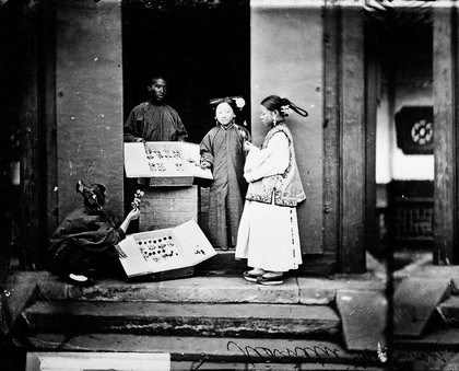 Manchu ladies buying hair ornaments, Peking, Pechilie province, China