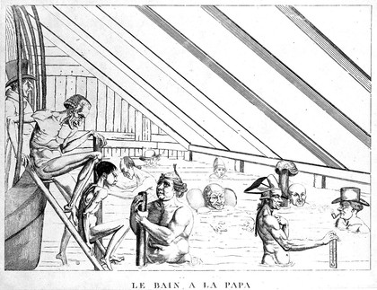 Men bathing in a public bath. Engraving.