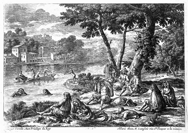 Men swimming and boating in a river; in the foreground a group of men dry themselves and relax on the river bank. Engraving by Perelle, 16--.