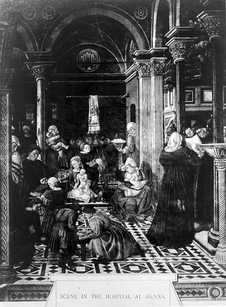 Hospital of Santa Maria della Scala, Siena: the reception, bringing up, and marriage of girls entrusted to the hospital. Photographs by Fotografia Lombardi Siena, 18--, of fresco by Domenico di Bartolo, 1441-1442.
