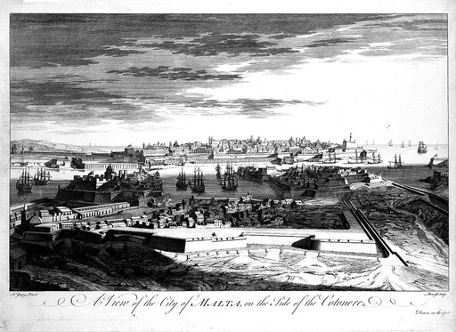 Malta: view from the Cotonera fortifications. Etching by M-A. Benoist, c. 1770, after J. Goupy, c. 1725.