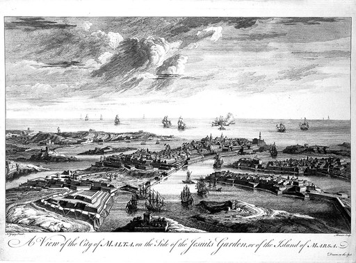 Malta: view of the city. Etching by M-A. Benoist, c. 1770, after J. Goupy, c. 1725.