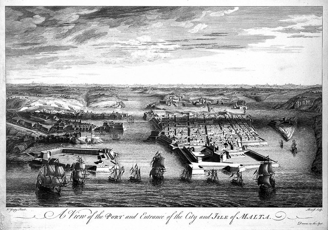 Malta: view of a port. Etching by A. Benoist after J. Goupy, c. 1725.