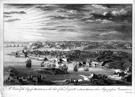 Malta: view of the quarantine area. Etching by M-A. Benoist, c. 1770, after J. Goupy, c. 1725.
