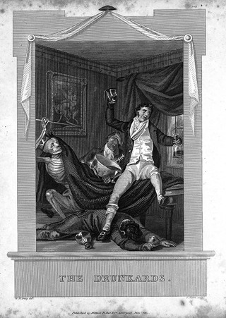 Three very drunken men unaware of "death", as a crowned skeleton, emerging from under the tablecloth. Engraving by S. Natim, c. 1815, after W. Craig.
