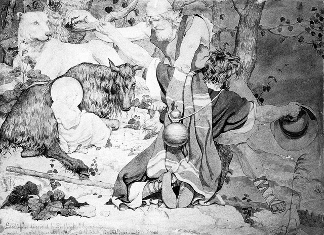 The infant Aesculapius discovered by shepherds on a mountain. Watercolour painting by R. Dadd, 1851.