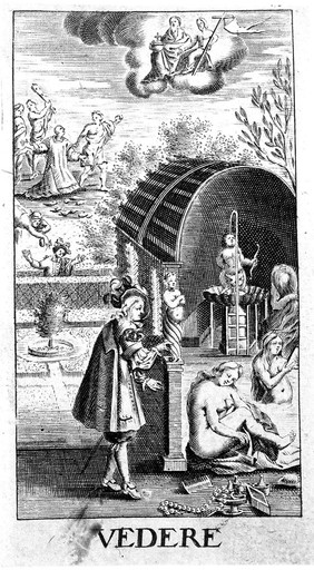 A voyeur watches women taking a bath while above a monk is martyred; representing the sense of sight. Engraving after G. Collaert, 1630, after N. van der Horst.