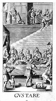 The sense of taste: diners around a feasting table containing a swan and a human skeleton, above, scenes of communion and Abraham and the three angels. Engraving after G. Collaert, 1630, after N. van der Horst.