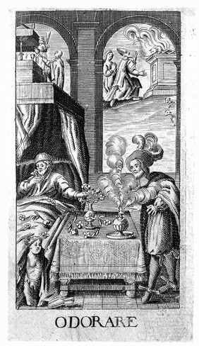 The sense of smell: a man lying in bed smells flowers as another lights some incense, above, a priest stands before a burning sacrifice of a lamb. Engraving after G. Collaert, 1630, after N. van der Horst.