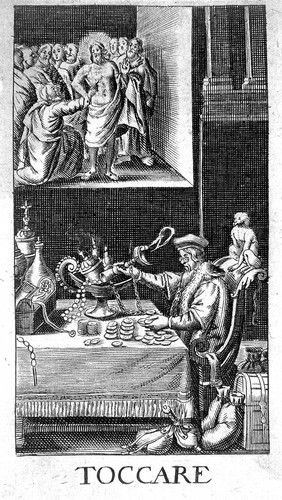 The sense of touch: below, a bespectacled man examines coins and valuables, above, St Thomas puts his finger into the resurrected Christ's side. Engraving after G. Collaert, 1630, after N. van der Horst.