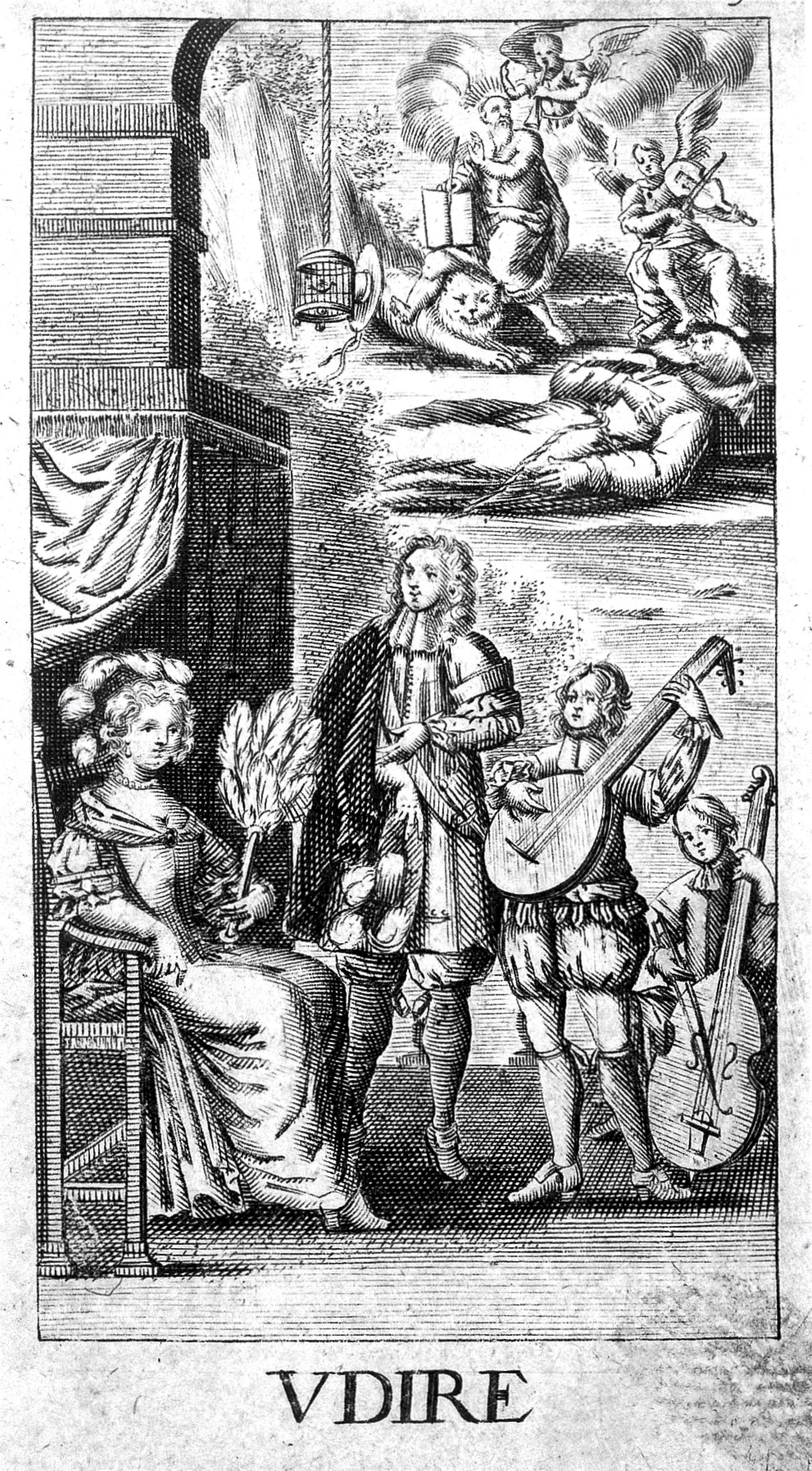 Music being played to a lady, while above an angel blows a trumpet into Jerome's ear; representing the sense of hearing. Engraving after G. Collaert, 1630, after N. van der Horst.