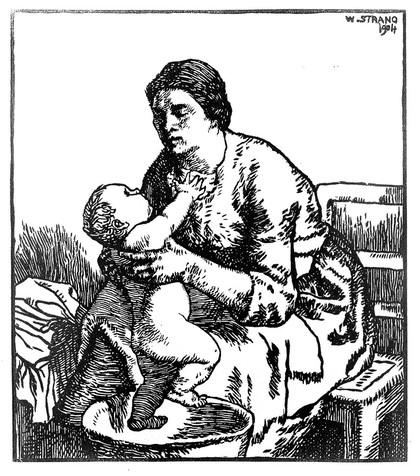 A woman washing her baby. Woodcut after W. Strang, 1904.