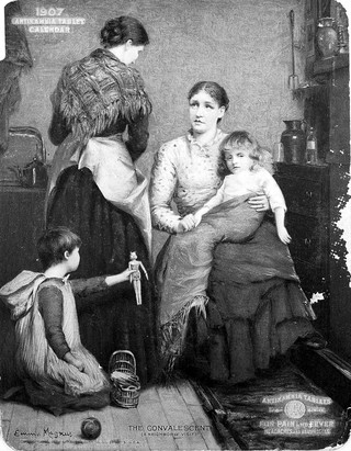 A small girl recovering from an illness and being visited by neighbours. Colour process print, 1907, after E. Magnus.