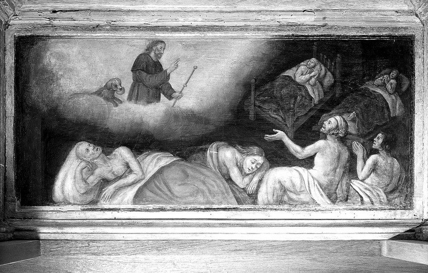 Predella with three scenes of Saint Roch, and figures of Saint Peter, Christ as Salvator Mundi, Saint Laurence and Saint Paul. Oil painting by a French (?) painter.