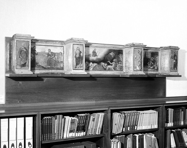 Predella with three scenes of Saint Roch, and figures of Saint Peter, Christ as Salvator Mundi, Saint Laurence and Saint Paul. Oil painting by a French (?) painter.
