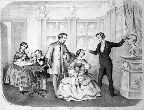 A phrenologist and some society people in a parlour. Lithograph by H. Jannin after L.C. Bommier (?).