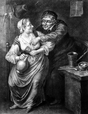 A lecherous old man leans over to a molest a woman who holds a bottle and drinking glass. Mezzotint by J. Smith, c. 1700, after A. van Ostade.