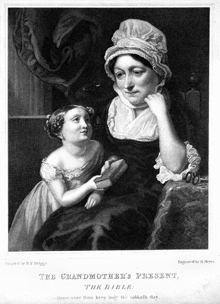 A grandmother hands a copy of the Bible to her granddaughter. Stipple engraving by H. Meyer after H.P. Briggs.