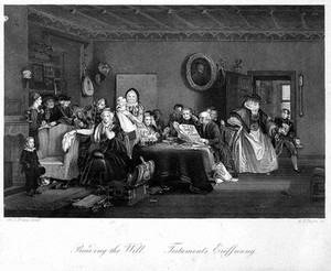 view "Reading the will", by A.H. Payne after Wilkie, 1820.