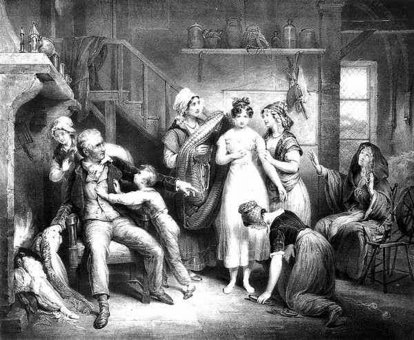 A girl returns to her family home in the village where her fine clothes and shoes are burnt by her father and she is given a peasant dress to wear. Lithograph by Thos. & Wm. Fairland, 1832, after P.E. Destouches.