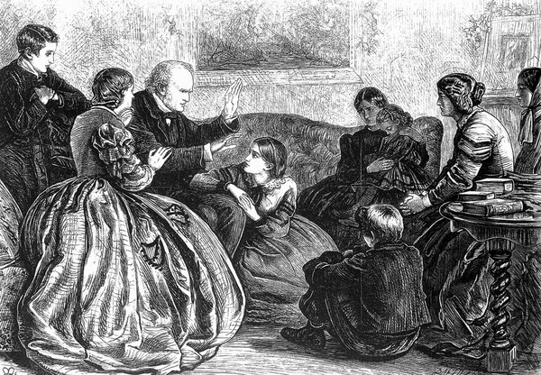 A family group of women and children sitting listening to a man telling a story at Christmas. Wood engraving by Dalziel after J.E. Millais.