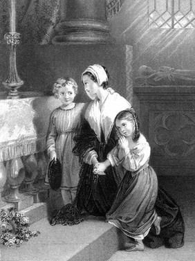 Two young children comfort their mother as she mourns at the tomb of her dead husband. Engraving by F. Bacon after Miss L. Sharpe.