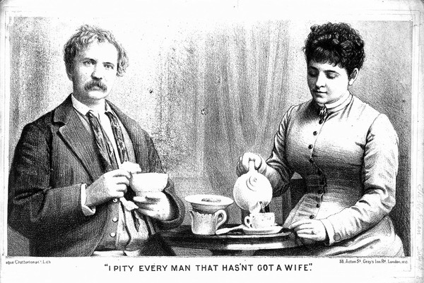 A man enjoying a cup of tea poured by a woman contemplates the disadvantages of the unmarried state. Lithograph.