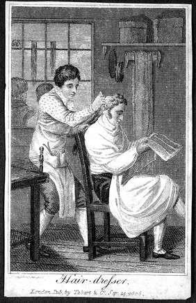 A barber dressing a man's hair. Engraving by J. Tomlinson, 1808.